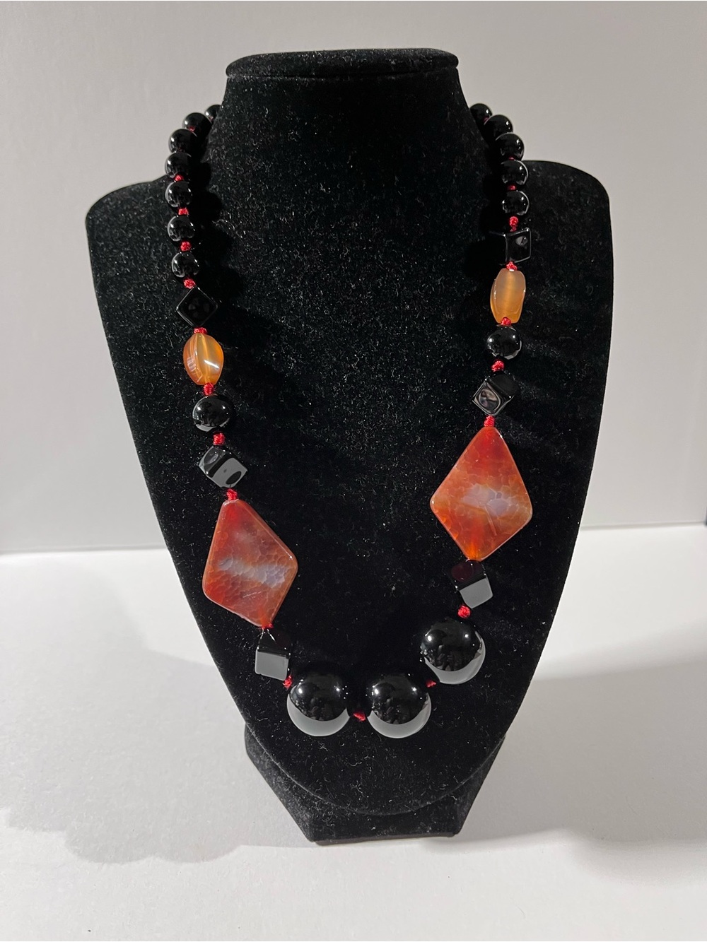 Handcrafted Black Onyx and Carnelian Statement Necklace